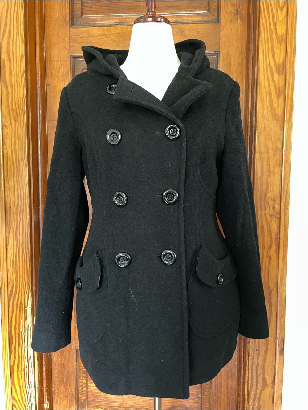 Jennifer Lopez Black Double-Breasted Hooded Peacoat